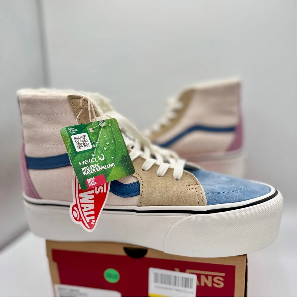 NWT Vans Sk8 Hi Pig Suede Multi Sherpa platform sneakers pink blue tan unisex - Picture 2 of 15